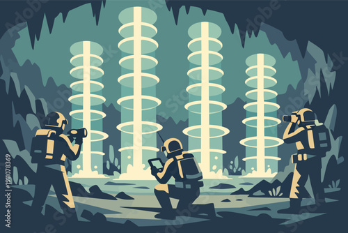 Sci-fi explorers discovering mysterious energy pillars in a futuristic underground cave