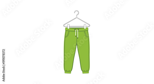 A vibrant lime green pair of casual sweatpants with white drawstrings and elastic cuffs hanging neatly on a white clothes hanger.