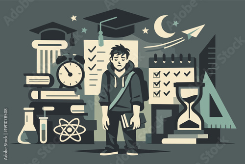 Student experiencing academic burnout, mental exhaustion, and study pressure concept