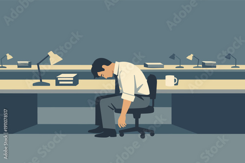 Burnout employee slumped over desk feeling exhausted and overwhelmed at work