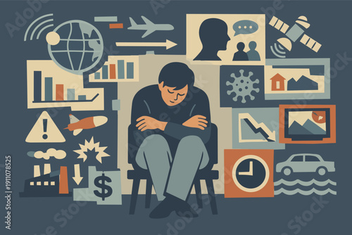 Man sitting surrounded by news icons, symbolizing information overload, global issues, and anxiety