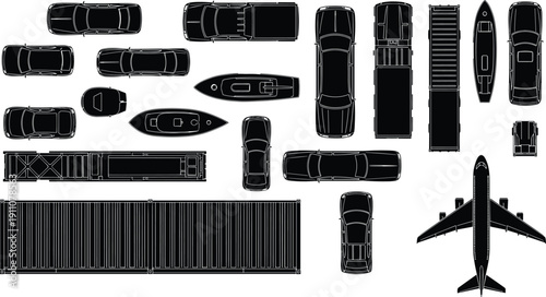 Large transport top view silhouette collection including cars, trucks, boats, airplane and cargo containers isolated on white background for logistics and transportation design