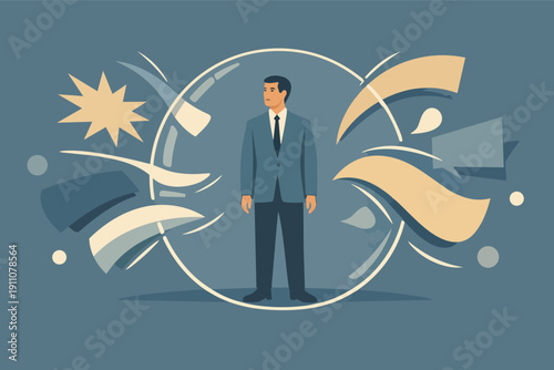 Businessman maintaining boundaries and mental health inside a protective bubble