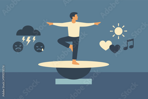 Man balancing self, managing emotions and stress for mental wellbeing
