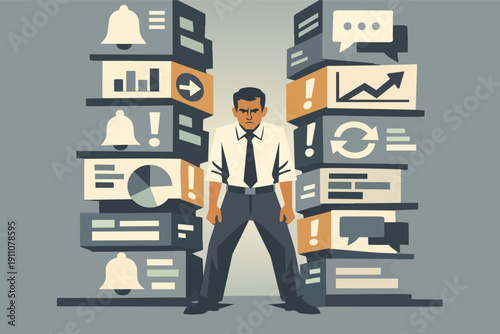 Stressed businessman overwhelmed by communication notifications and digital information overload