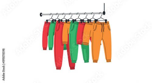 A row of colorful sweatpants in shades of red, green, and orange, neatly displayed on hangers on a metal clothing rack.