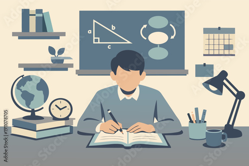 Student studying at desk, learning maths and knowledge in a school environment