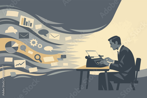 Man typing generating business, marketing, communication, and social media ideas