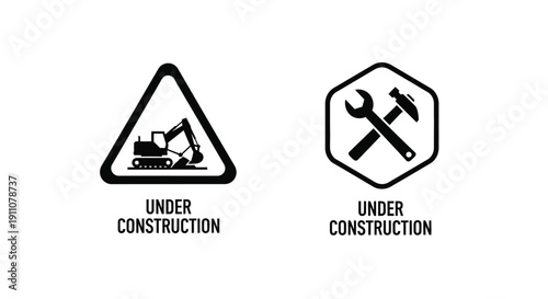 Construction warning signs with excavator and tools a striking silhouette