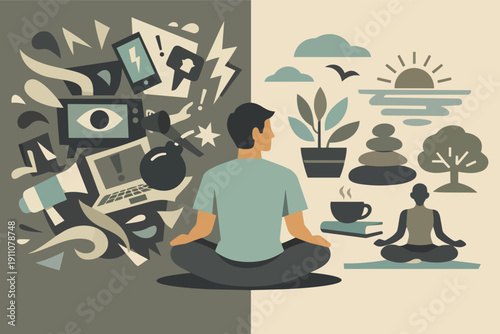 Person meditating finding peace, balancing chaotic modern world with inner calm