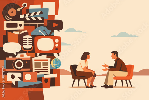 Two people conversing, representing an interview or discussion about a range of media