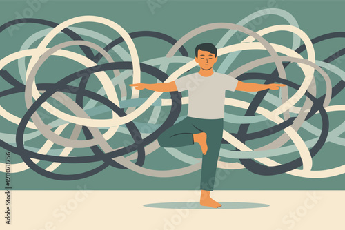 Person practicing yoga tree pose, finding balance and mental peace among tangled thoughts
