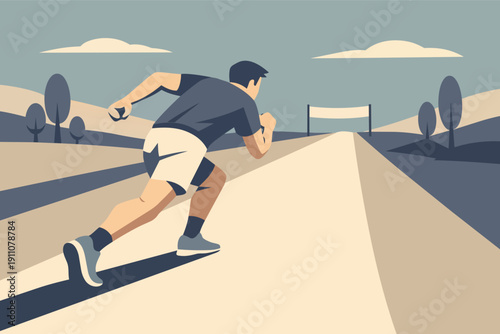 Runner sprinting towards finish line banner on outdoor track symbolizing success