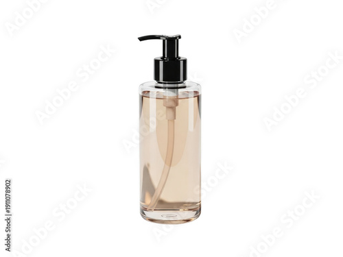 Clear plastic pump bottle with transparent amber liquid for skincare or fragrance use.