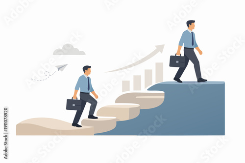 Businessman achieving career growth, climbing steps towards success and development