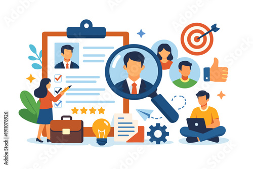 Recruitment process illustration with magnifying glass focusing on candidate profile and hiring icons
