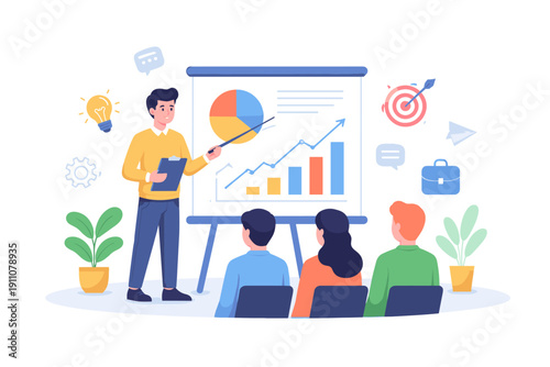 Business presentation with charts and graphs showing growth and success