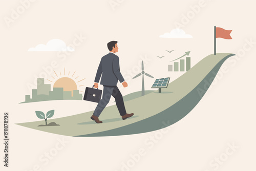 Businessman walking path to sustainable business goals, embracing green energy future