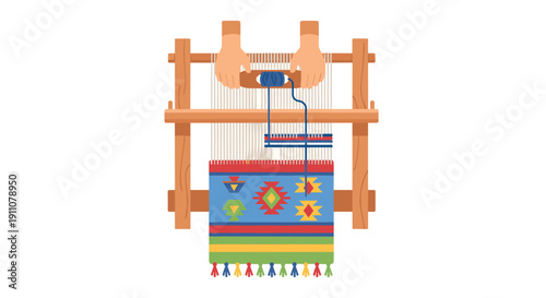 Hands operating a traditional wooden loom, actively weaving a colorful rug with geometric patterns and fringe on a white background.
