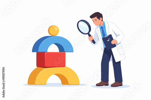 Scientist examining toy building blocks with magnifying glass, analyzing child development