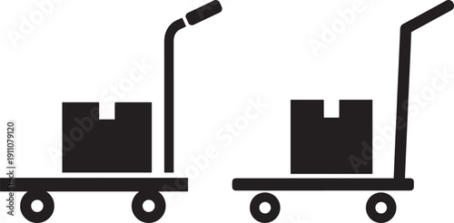 Vector icons of two hand trucks or trolleys loaded with boxes, representing logistics, delivery, and moving services.