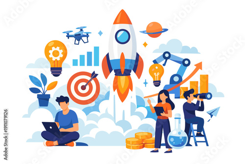 Business startup concept with rocket launch, innovation, and teamwork elements