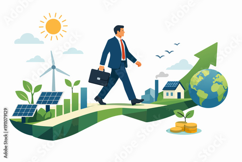 Businessman walking sustainable green path towards economic environmental, social, governance future