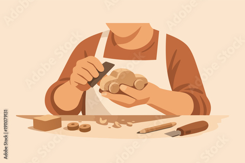 Crafting wooden toy car, person sanding handmade vehicle in a workshop