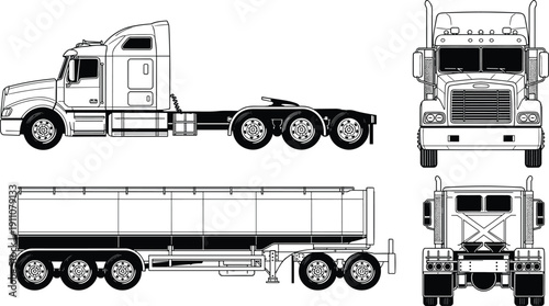 Detailed semi truck tractor and tanker trailer technical drawing set with side, front and rear views isolated on white background vector illustration