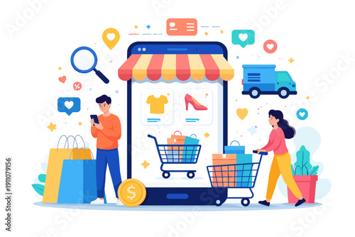 Online shopping concept with people and mobile phone displaying products and carts