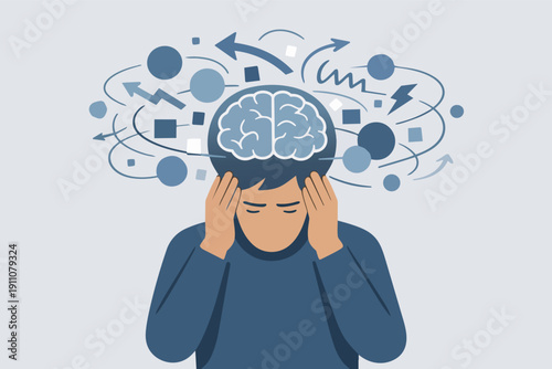 Person feeling overwhelmed and stressed with a brain full of chaotic thoughts