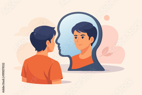 Man seeing his reflection in a stylized mirror illustrating self-perception and identity