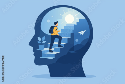 Man climbing steps inside head, symbolizing mental progress and personal growth