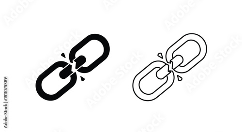 Two chain links one connected and one broken a black and white silhouette