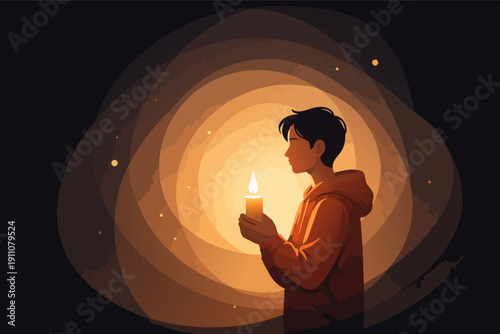 Young man holding a glowing candle, finding hope in spiritual darkness
