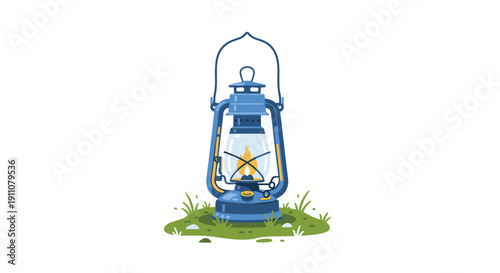 A blue kerosene lantern with a glowing flame stands on grassy ground with small stones on a white background.