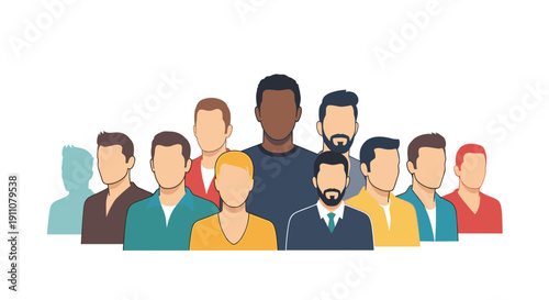 A diverse group of professional men with varied skin tones and hairstyles stand facing forward on a white background.