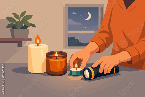 Person lighting candles and using a flashlight during a power outage at night