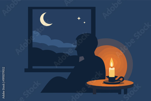 Person contemplating by window at night with candle illuminating inner peace