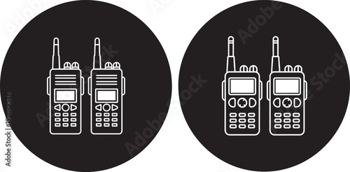 Pair of outline icons of walkie-talkies or portable two-way radios, communication devices