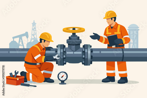 Oil and gas industry workers performing pipeline maintenance and inspection