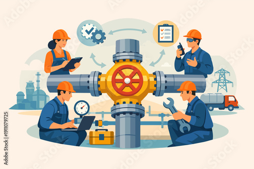 Industrial team performing maintenance and operational tasks on a large pipeline valve