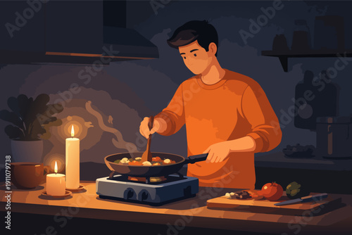 Man stirring vegetables in a pan, cooking dinner by candlelight in a cozy kitchen