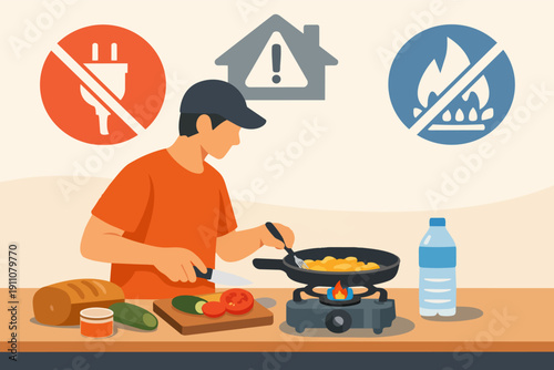 Preparing emergency meal during power outage using camping stove, planning for disaster