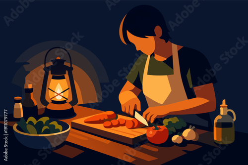 Person chopping vegetables by lantern light, preparing evening meal in kitchen