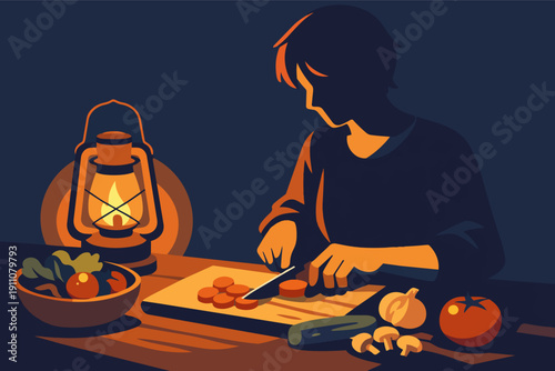 Person chopping vegetables on a cutting board, illuminated by a warm lantern