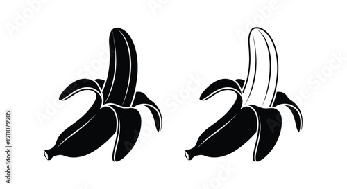 Two bananas one peeled depicted in a striking black and white silhouette