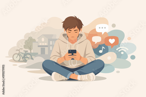 Teenager using phone and earphones immersed in social media ignoring surroundings
