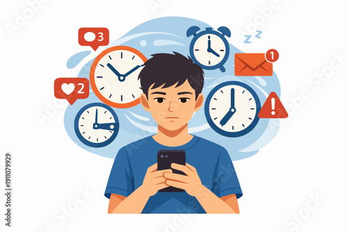 Young man overwhelmed by smartphone notifications, social media, and time pressure