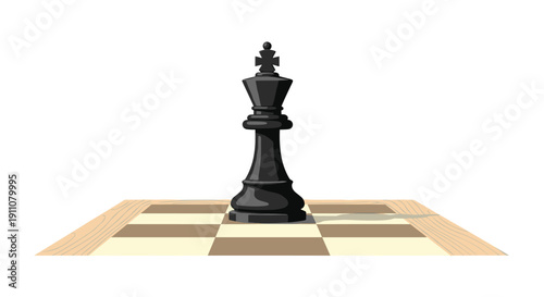 A solitary black chess king piece is centrally positioned on a small wooden chessboard with empty squares.